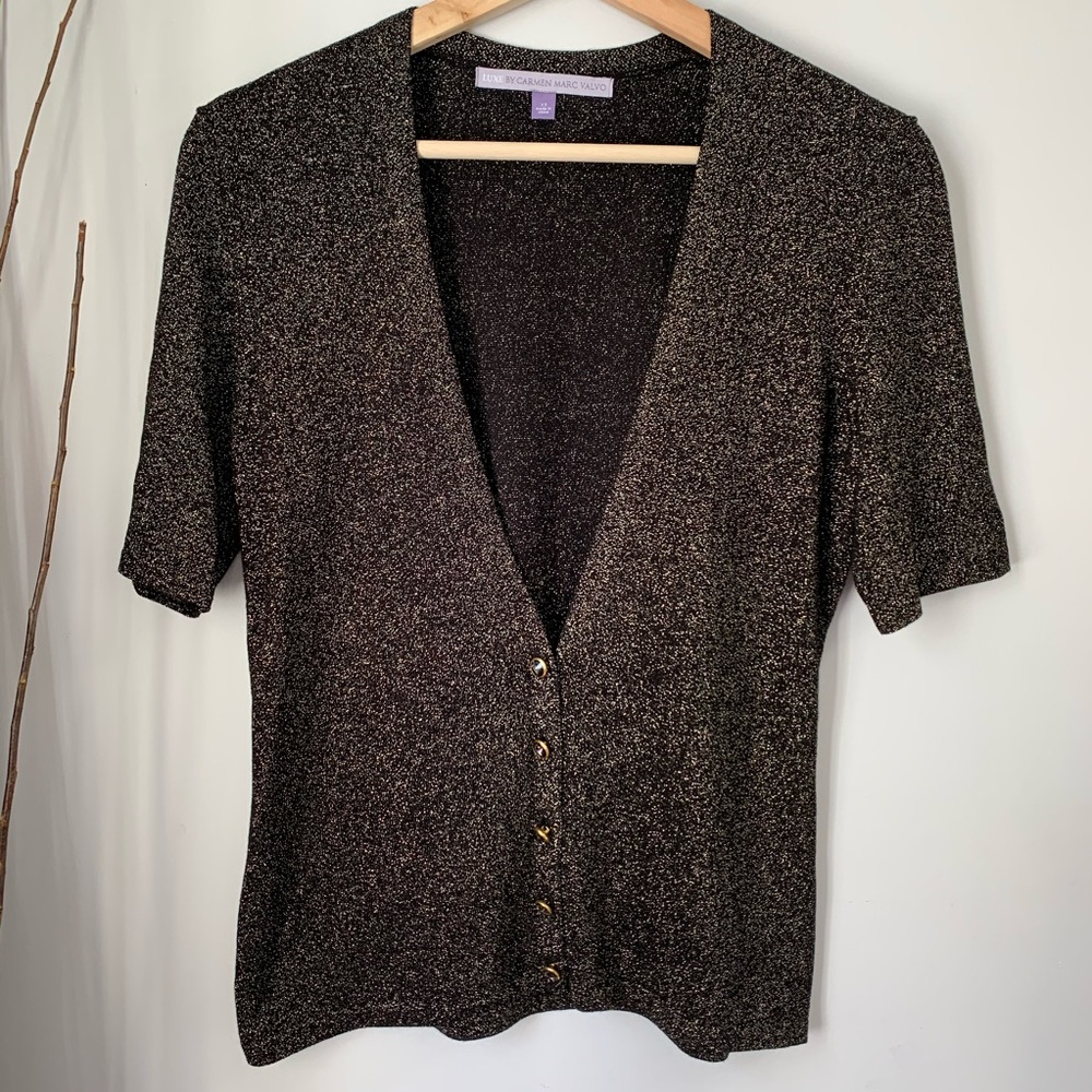 Luxe Carmen Marc Valvo Knit Top Metallic Button Down Women’s XS